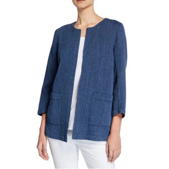 Eileen Fisher Indigo Cotton Diamond Jacket Collarless Topper Blazer Coatigan L - Picture 1 of 6